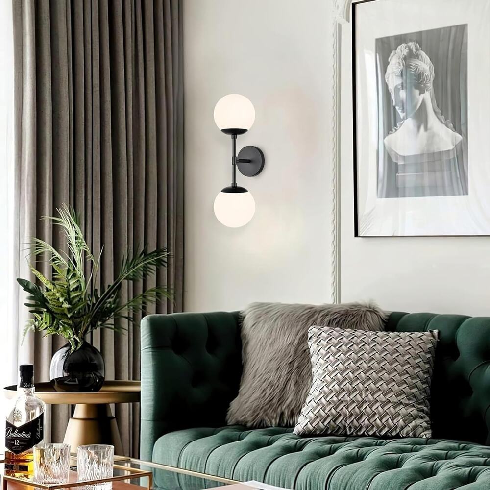 2-Light Matte Black Mid-Century Bathroom Vanity Light with White Globe Shades - Picture 2 of 4